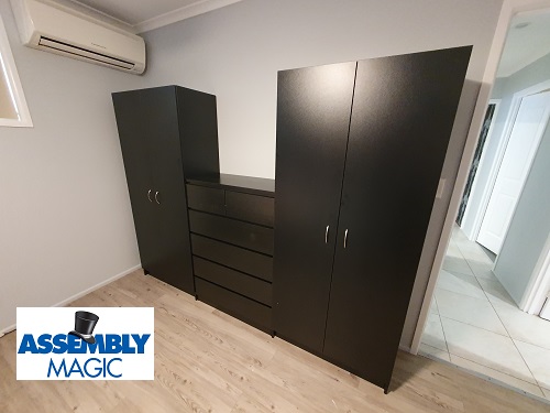 Flat pack furniture assembled by Assembly Magic. Assembly Magic logo in bottom left corner