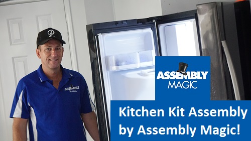 Technician - Ben, next to a fridge. Caption "Kitchen Kit Assembly" in bottom right corner with Assembly Magic logo