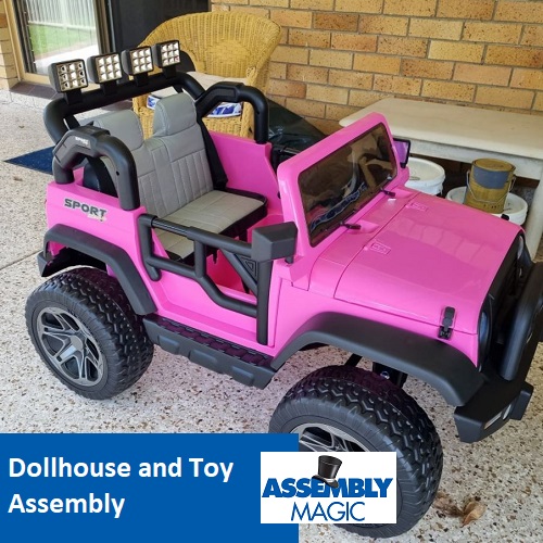 Hot pink toy car with caption "Dollhouse and Toy Assembly". Assembly Magic logo next to caption