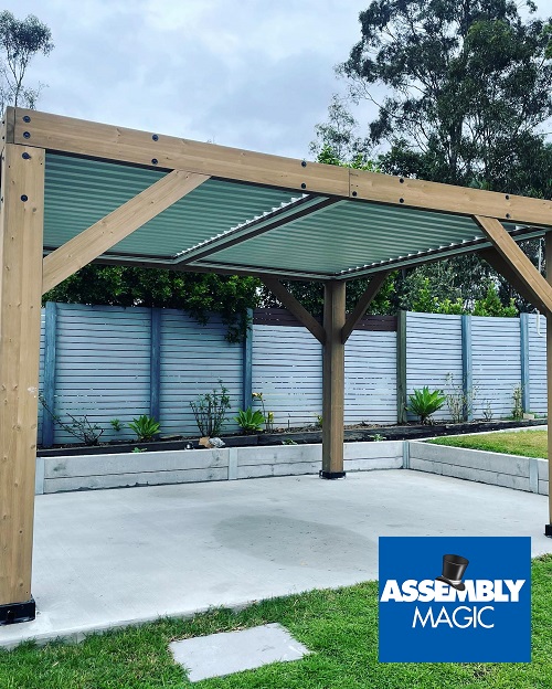 Large gazebo with Assembly Magic logo in top right corner