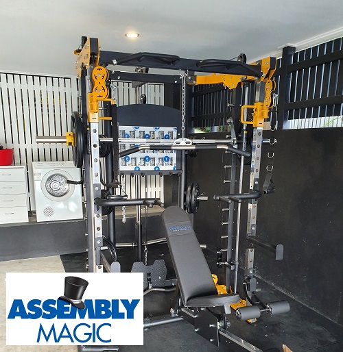 Complex gym setup with Assembly Magic logo in bottom left corner