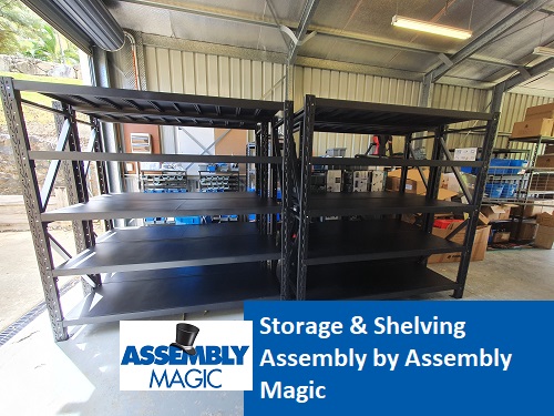 Shelving assembled by Assembly Magic. Caption "Storage and Shelving Assembly By Assembly Magic"