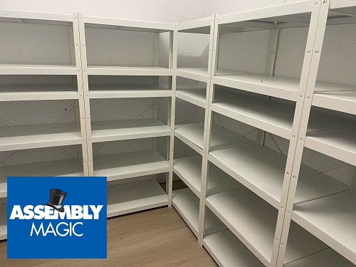 Large shelving unit with Assembly Magic logo in top left corner