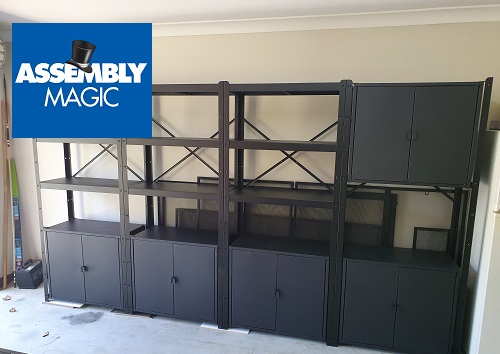 A large storage unit with Assembly Magic logo in bottom left corner