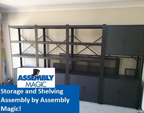 Large shelving units with caption "Storage and Shelving Assembly by Assembly Magic
