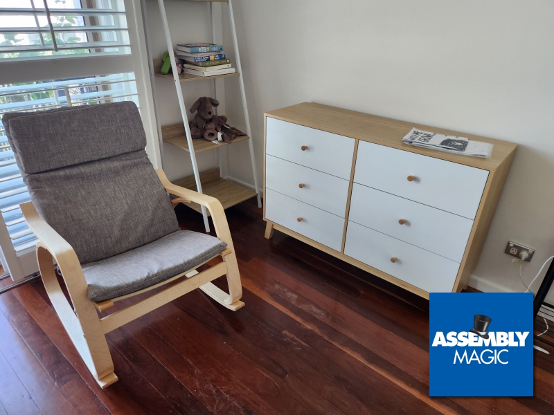 Chair, bookcase and drawers with Assembly Magic Logo