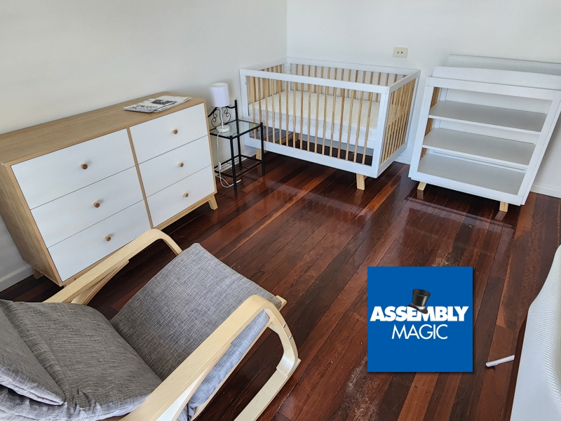 nursery funriture, rocking chair, drawers, cot and change table with Assembly Magic Logo