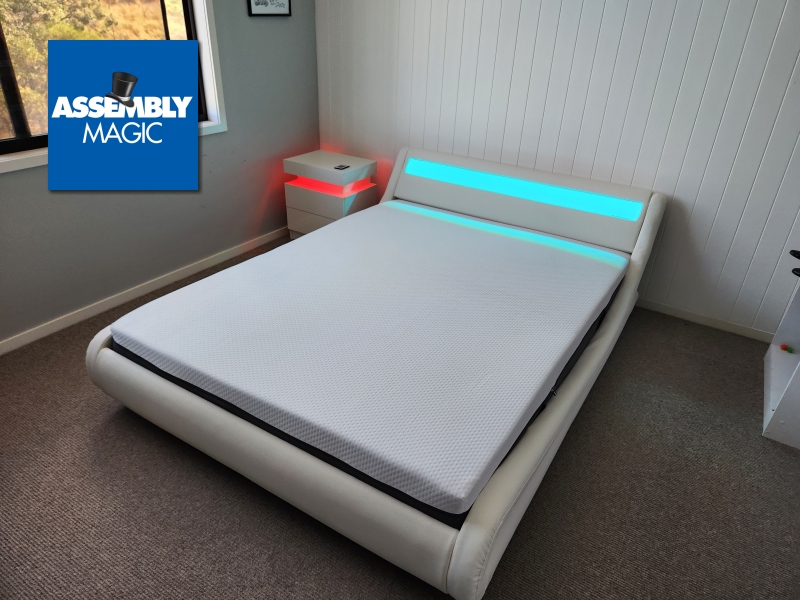 Bed & Bedside Table with lights and Assembly Magic Logo