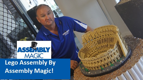 Technician with a Lego he assembled. Caption "Lego Assembly by Assembly Magic" with logo